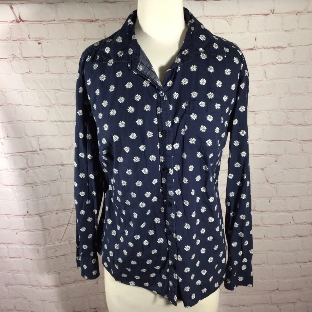 Karen Scott Blue Daisy Print Long Sleeve Button Down Top - Size XS